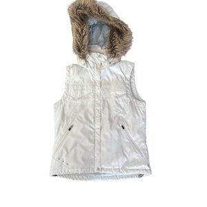 Columbia Women’s Down zippered Vest W/detachable Faux fur hood Ivory Sz Small